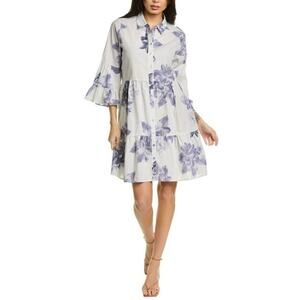 Johnny Was Delaney Easy Tiered White‎ & Purple Floral Print Shirt Dress Sz L NEW